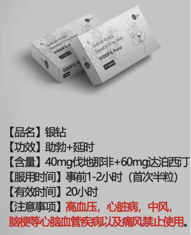 银钻(Vidofil Super Power)伐地那非双效片用法用量、副作用、注意事项